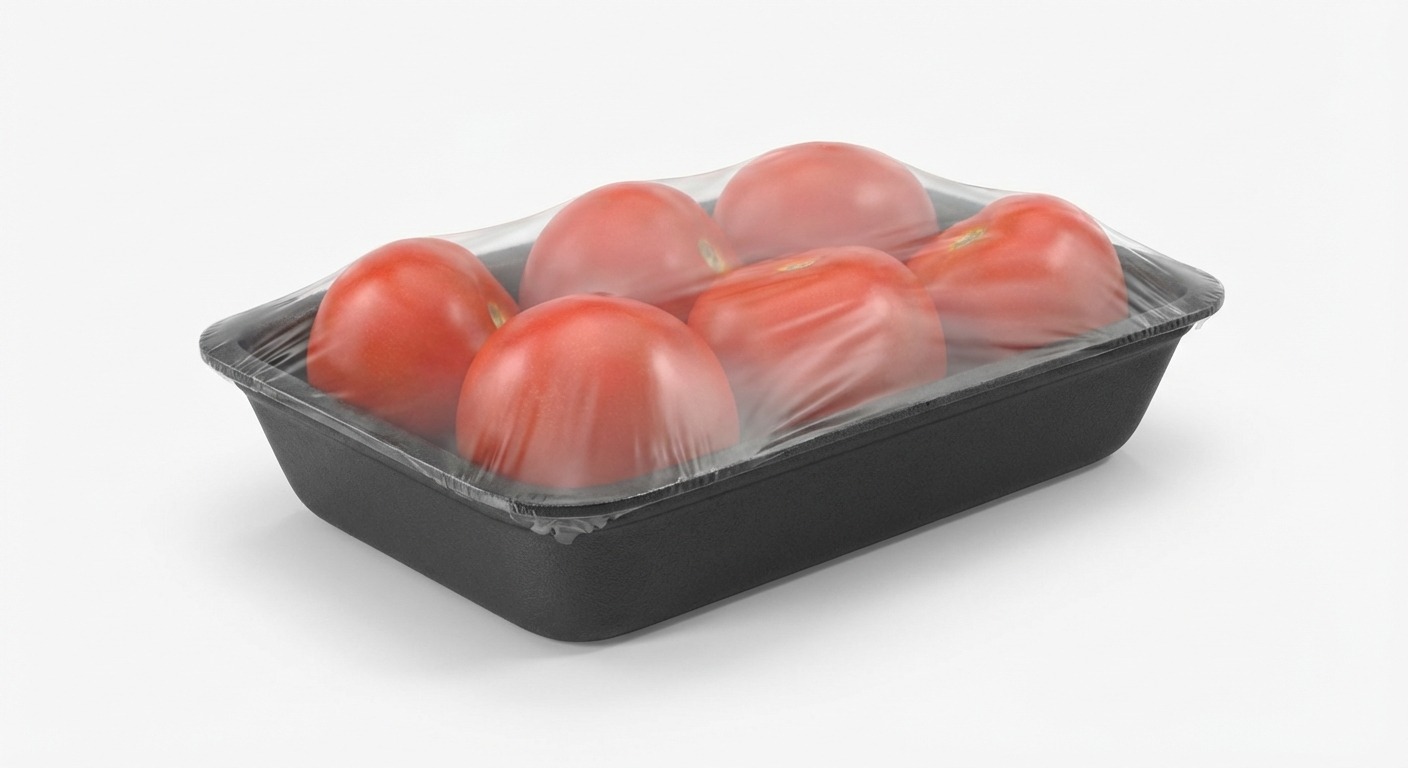 Fresh tomatoes in black styrofoam Celluwa tray